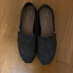 Toms Black Lace Glitz Slip On Flat Shoes